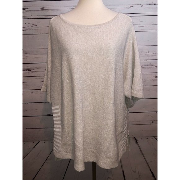 Chicos size 2 Large short sleeve sweater Beige Stripe Womans Metallic Womens‎ - Picture 2 of 11
